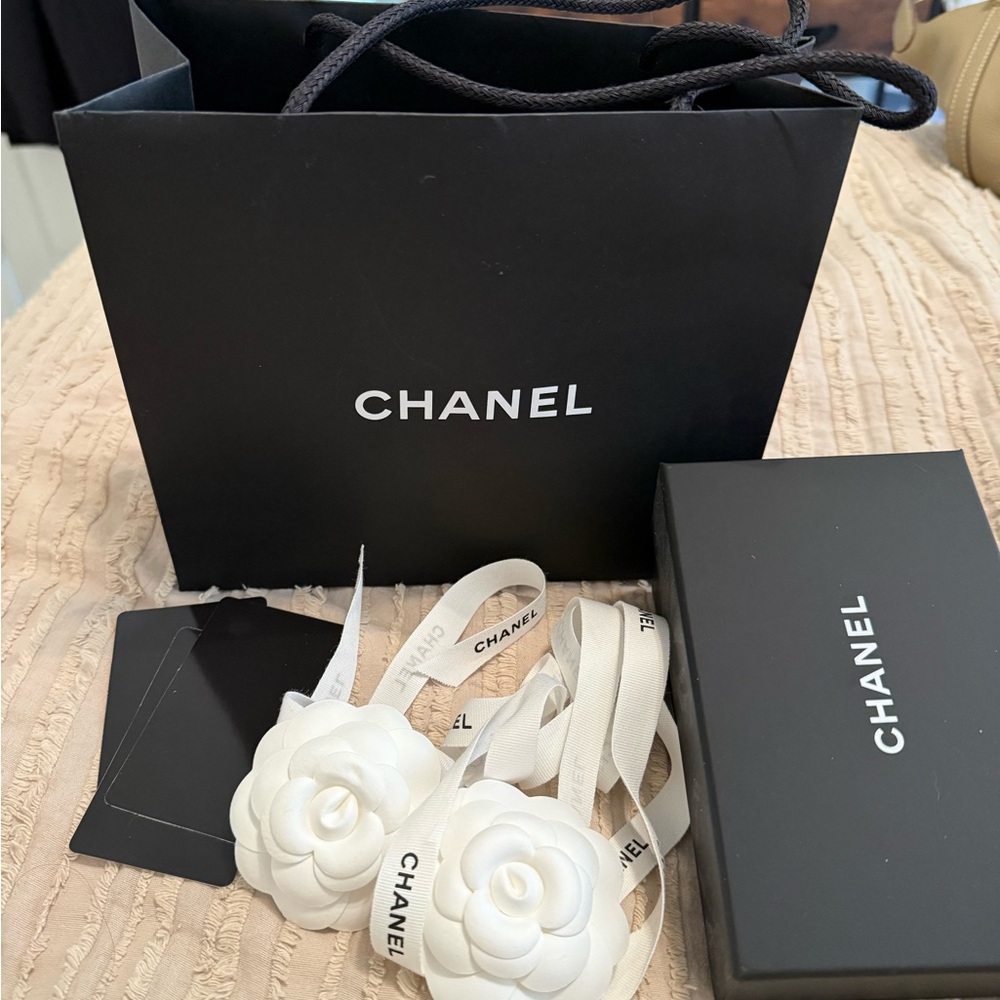 New Authentic CHANEL Black Bag, Chanel Box w/White Ribbon,2 Camellia Accents .